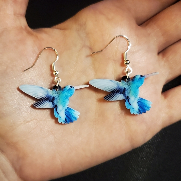NWOT Sterling Acrylic Blue Hummingbird Earrings - Picture 4 of 6